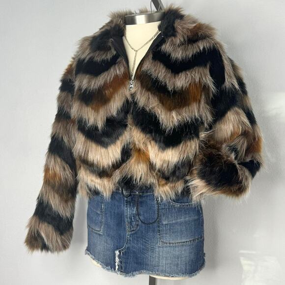 French Connection Dallow Faux Fur Bomber Jacket Chevron Brown Black Size XL - Picture 1 of 8